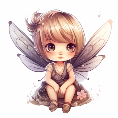 chibi little girl, big eyes, dressed as a fairy with wings on her back, beautiful and happy, she is sitting and head is turned towards camera, very detailed and realistic, watercolor, white background with margins, clipart style