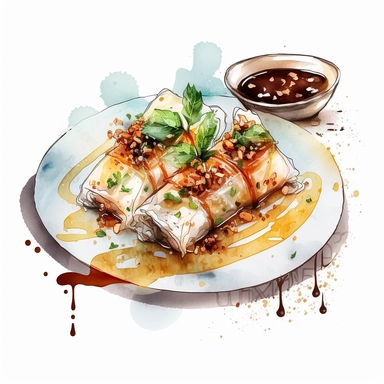 Bánh cuốn: Steamed rice rolls filled with minced pork and mushrooms, served with fish sauce and fried shallots. ,watercolour sketch, plain background,clipart