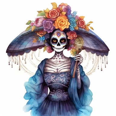 Day of the dead la catrina in the style of water color painting, full body , vibrant colors, on a white background style by Lucy Fleming, watercolor, smooth gradients, black contour outline, ultra detailed, clipart elements, delicate pastel colors, solid 