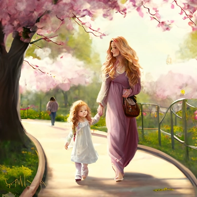 beautiful young pregnant mother with long beautiful blonde hair and toddler daughter with beautiful ong auburn hair holding hands walking in park, flowering trees, path lined with benches, highly detailed, realistic, fantasy, ethereal, soft colors, sharp focus, clipart style