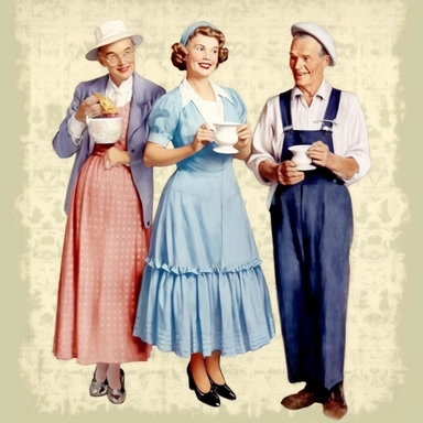 Vintage Illustration, An elderly couple, probably 60-70 years old, one of them with a glass of milk in his hand, cheesy 50s vintage clipart image by cynthia flanders, in the style of traditional costumes, photomontage, Full body view, whitcomb-girls, light indigo, gigantic scale, romanticized femininity, contrasting 8k