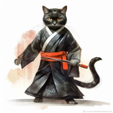 A clipart of a black cat wearing a samurai outfit and holding a bokken wooden sword, practicing martial arts, watercolor style, realistic, bright colors, 300 dpi, 8k, white and clear background