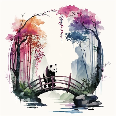 watercolor colourful, clipart Asia, bamboo, panda, bridge, landscapes, digital illustration, 8k, hd 1:3 v5