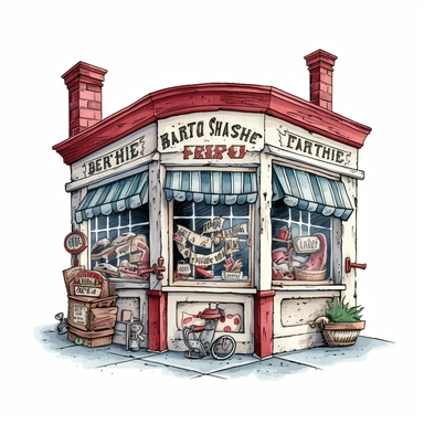 a vintage butcher shop, quirky and whimsical, clipart on white background