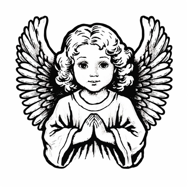 A Cute male Angel With Delicate Wings: An image of an endearing angel with small, delicate wings conveys the idea of ​​purity, innocence, and protection associated with the pet name Angelino. simple graphic, clipart, black and white