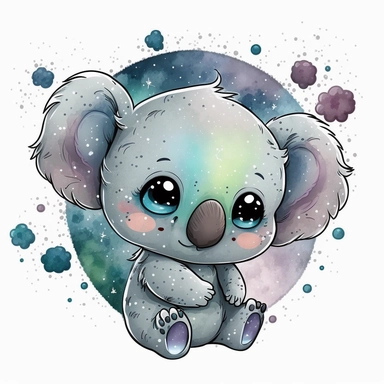 The most cutest cartoon baby koala with big open eyes, on a planet clipart, planets, watercolor, dream art, baby animals, vector art, children art, particles around the object, children cartoon, sticker art design, white background,