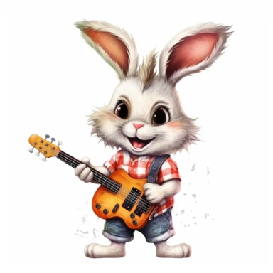 cute Rabbit character wearing rock music clothes and music element with happy face,front facing on isolated background,with happy face and expression,Animal Sublimation Clipart,no splash watercolor,white background, ultra detailed clipart, cut out image, colorful watercolor realistic, cartoon style, ultra HD, sharp and clean art