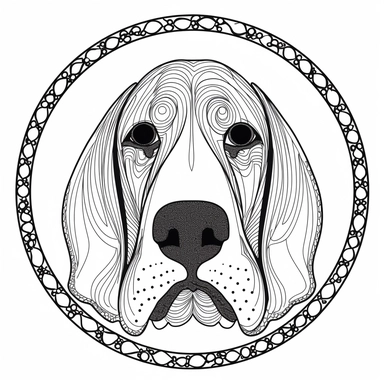 ogo, zendoodle bloodhound dog, head, facing front, cute, circle frame, cartoon clipart, vector, bold line, white isolated background, high definition