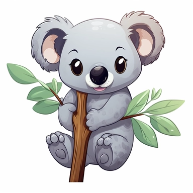 Illustrate a heartwarming clipart image of a smiling koala perched on a eucalyptus tree branch. The koala should exude a sense of happiness and contentment. The image should have a white background, a gentle cartoon-style aesthetic, and fuzzy, cuddly lines.