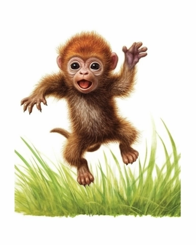 detailed watercolor Baby Monkey jumping on grass , hyper realistic, isolated on a white background, clipart