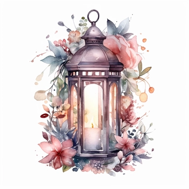 A watercolor clipart showcasing a lantern filled with twinkling fairy lights, surrounded by floral elements, evoking a magical and ethereal cottagecore ambiance , minimalist ,isolated white background,8k