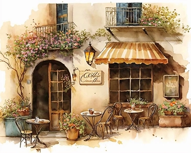 Clipart, Watercolor painting, coffee shop, As the gentle breeze carries the faint scent of freshly brewed coffee, you find yourself captivated by the scene before you. Nestled among a quaint street lined with charming buildings, a picturesque cafe comes into view. The outdoor seating area beckons with its rustic charm, adorned with wrought-iron chairs and tables adorned with vibrant potted flowers. The centerpiece of the cafe is an intriguing structure, an architectural marvel that combines clas