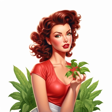 beautiful pretty pin up woman, makeup and hair 50's style, diferent poses,with a splinker in her hand, and plants behind her, all in 50's style, paint art style, detail, clipart, white background, superrealistic, one of a kind