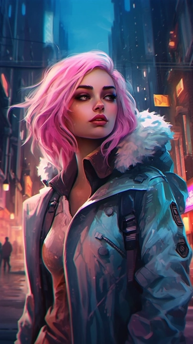 beautiful stunning pretty vintage cyberpunk anime girl, paint art style, clipart, city landscape background, superrealistic, one of a kind