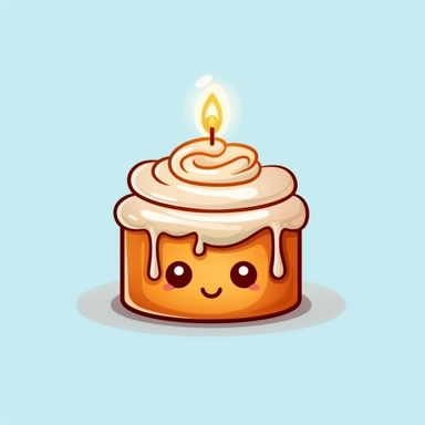 a cute cinnamon roll and white icing dripping down it sides, kawaii style with a candle wick on top. Make it super cute, vibrant colors. Make it into cliparts and vectors.