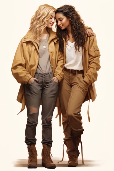 two fullbody women on their backs , best friends, wearing pants and jackets,, clipart