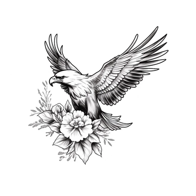 White paper eagle tattoo with black and white shadow with flor, tattoo clipart