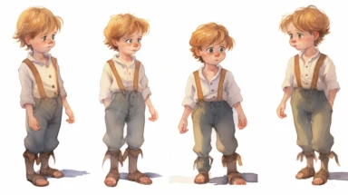 Watercolor , illustrations clipart, character sheet ,cute little boy  Hansel EDIM ( hansel character from the hansel and gratel fairy tale) in poor clothing, various emotions--seed 900