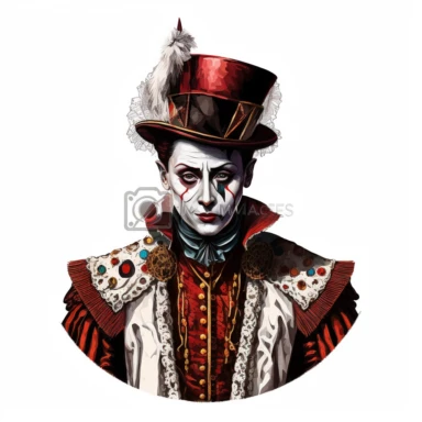 A Hyperrealistic Rich Color Clipart Illustration for the theatre show 'Pierrot Kills Himself' in the style of a Victorian Magician Clipart featuring Pierrot the clown Isolated On White Background