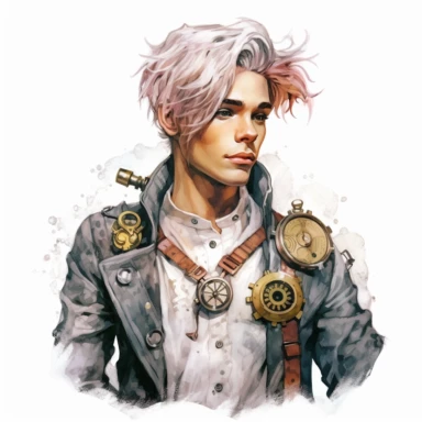 beautiful stunning handsome steampunk young man, he has coloured hair, paint art style, clipart, white background, superrealistic, one of a kind