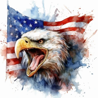watercolor clipart of Haliaeetus leucocephalus and American flag background kills a dragon