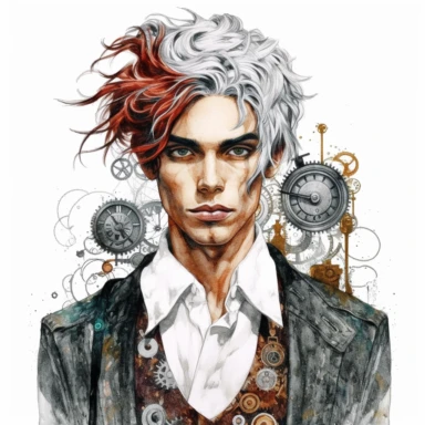 beautiful stunning handsome steampunk young man, he has coloured hair, paint art style, clipart, white background, superrealistic, one of a kind