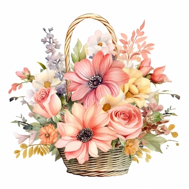 Fairytale style flower arrangement in the magical basket with watercolor effect,suitable for digital clipart,white background,fairytale scene,soft colors,fairy twinkles, soft red, soft pink Clipart ,Cartoon,hyper realistic, intricate detail, illustration style,high solution,on the white background