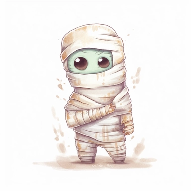 complex watercolor illustration of adorable cute zombie covered in white bandages looking like a mummy isolated kawaii,concept,art,8k,hd,kawaii,detailed,white backround,clipart
