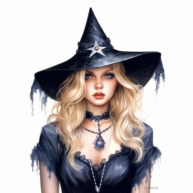 a witch wearing a pointy hat. She must have blonde hair and blue eyes. The top of her dress is black and the collar a white ruffle. She must be wearing jewelry specifically a pentagram necklace, watercolor, photorealism, clipart, white background