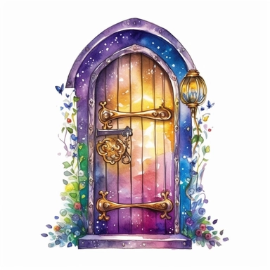 cartoon fairy door, glowing lights and sparkles, colors of green purple gold and blue, glamorous realistic and detailed, watercolor, white background with margins, clipart style