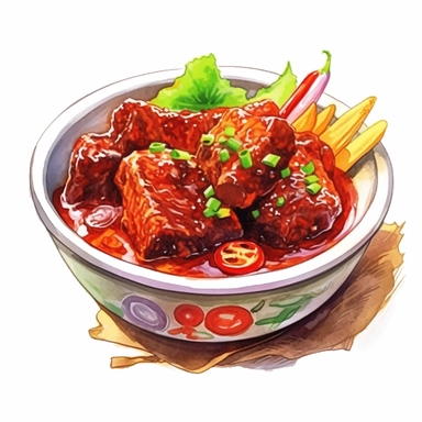 Rendang (Spicy Beef Stew) logo watercolor,simple Watercolor, hyper realistic, white background, white margins, 16k, ultra detailed clipart, cut out image, hand - drawn, whimsical manhwa style, ultra HD, sharp and clean art