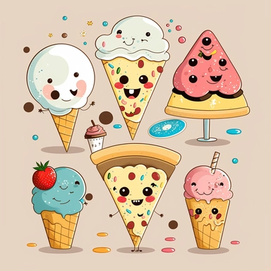 Cute clipart of food characters like smiling pizza slices, donuts, and ice cream cones