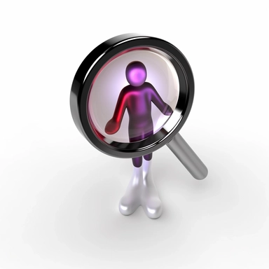 3d model of metallic search person icon, magnifying glass , black+red+silver+purple, clipart, white background