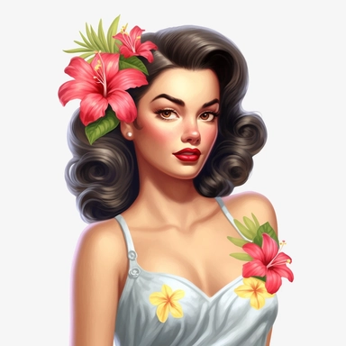 beautiful pretty pin up woman, makeup and hair vintage 50's style, hawaiian flower and dress, paint art style, detail, clipart, white background, superrealistic, one of a kind