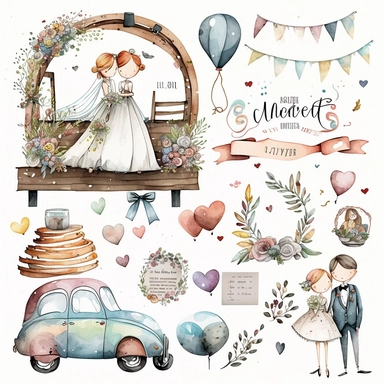 wedding rings tied with a ribbon , cute wedding illustrations clipart set, ILLUSTRATIONS FOR THE BOOK, cartoon elements, different variants, girl with long hair in a wedding veil, wedding, husband and wife Love , Hearts balloons , veil, garland, wooden elements, newlyweds are sitting on a wooden bench , on the wedding beautiful car, white transparent background separate elements with a margin Watercolor