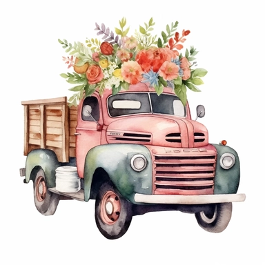 Watercolor Flower Truck Clipart Floral Truck Vintage Truck Clipart Junk Journal Farmhouse Clipart Floral Truck watercolor floral in bonnet or back