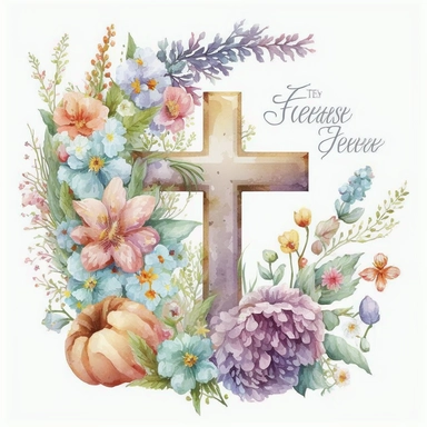 watercolor Easter Cross, flowers, Easter element clipart, on white background