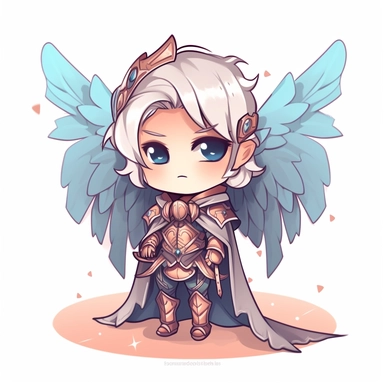 kawaii cute boy, fairy knight, tiny chibi body with armor, crown, two tone wings, smerk, super long cape, smile, clipart, sticker, retrowave style, no background, hd