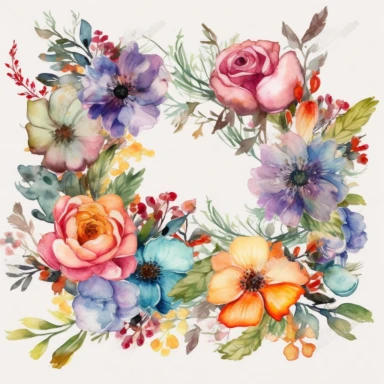 The watercolor floral border clipart morphs into an oil painting, reminiscent of the lush, botanical works of Rachel Ruysch. Against a white background, the border is alive with wildflowers painted with rich, vibrant strokes. The color temperature is balanced, each flower bursting with a unique palette of hues. No facial expressions are present, but the flowers radiate life and vitality. The lighting is subtly dramatic, enhancing the textural details and the lush, immersive atmosphere.