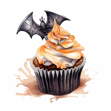 delicious black halloween cupcake with orange swirly icing and a bat, spider, spooky, watercolour illustration clipart, extremely detailed, 4k, high quality, isolated on white background watercolour
