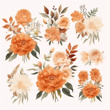 Terracotta Floral Watercolor Clipart Pack, an elaborate collection of meticulously detailed, autumn-inspired floral and foliage illustrations, rendered in a distinctive watercolor style for commercial use. This set brings forward a vibrant and detailed assortment of orange and brown neutral florals, complemented by an array of lush green leaves, echoing the warm and earthy tones of terracotta. These transparent PNGs are perfect for refined design projects, from wedding invitations to stationery 