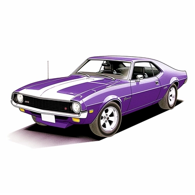 in clipart style, vector image, A meticulously crafted illustration of a 1971 Plum AMC Javelin AMX , highlighting its iconic design and graceful contours, placed against pure white background (style: evoking the accuracy and refinement of classic automobile blueprints) (lighting: deliberate, directional lighting, casting gentle highlights and shadows on the car's structure) (colors: an elegant palette for the car's body set against a pristine, white backdrop) (composition: captured from a side v