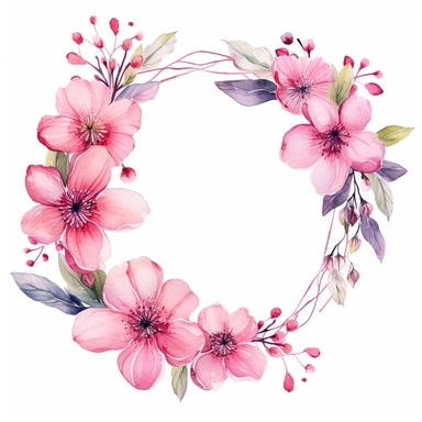 Graceful watercolor clipart showcasing a captivating arrangement of pink flowers, elegantly displayed within a circular frame, evoking a sense of harmony and natural beauty clipart on a white backdrop.
