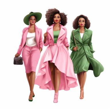 you are the best graphic designer in the world, you have been asked to design clip art for alpha kappa alpha to you in their branding and marketing. The clipart consist of detailed 3 Afroamerican modern, successful, women who only wear pink and green fashionable clothes. their looks and features are crisp and clear, detailed specific, photo realistic illustrations, in the style of bamileke art, realistic and hyper-detailed renderings, 32k uhd, designs, realistic oil portraits, vector, white back