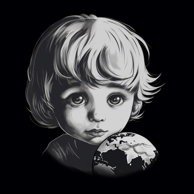 beautiful sketch of a cute child with planet Earth instead of his irises, simple unicolor white clipart, hd, on black background, spaced out,--ar 3:2