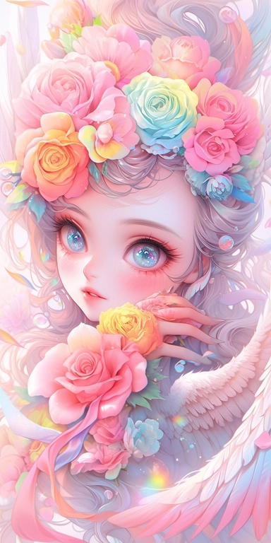pastelcolor beautiful wild roses fantasy, Angel girl with beautiful face and big eyes with rainbow feathers, angel wing, chibi kawaii animated style, vivid vibrant colors, intricate detail, hyper detailed, hyper quality, 32K, unreal engine, isolated on white background, kawaii, clipart