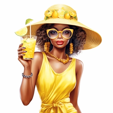 Beautiful pretty black girl wearing summer hat clipart, holding a drink, yellow outfit, highly detailed, 8k, white background