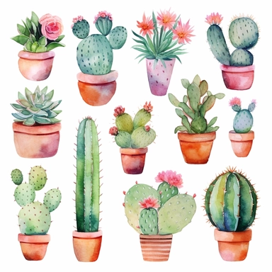 Boho Cactus Watercolor Cliparts, high definition 8k , illustration, sublimation, white background for removing background