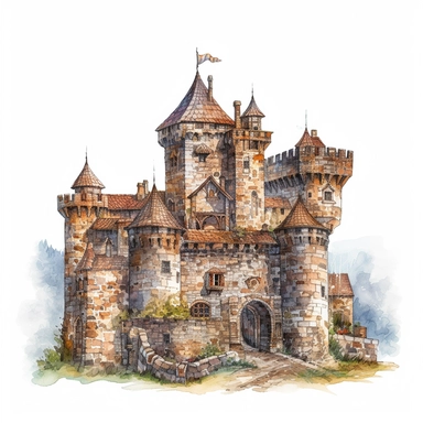 isolated images, illustrations on a white background, realistic medieval castle, Clipart, watercolor, realistic, isolated, full building, highly detailed, hdr, 32K, photo expert quality, watercolor realistic, hyperrealistic and highly detailed, isolated on a white background