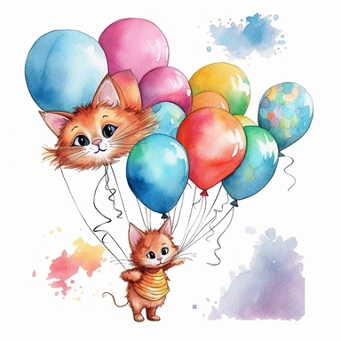 flying cat tied to a balloon clipart, balloons lined up side by side clipart , party balloons clipart, birthday party centerpiece, watercolor clipart
